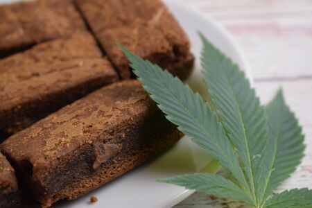 Brownies and cannabis leaf.の写真素材