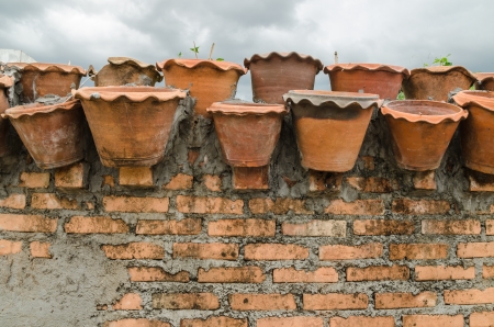 Many Potted plants on a wall in the city.の写真素材
