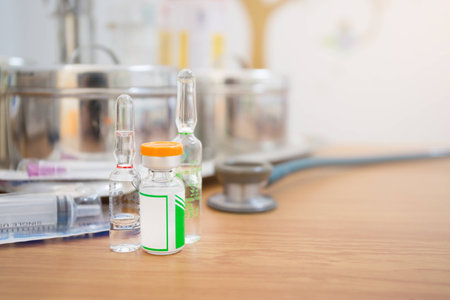 Medicine in vials, ampules and syringe , prepare for vaccine injection , Treatment of patient  , Pain Treatment and can also be abused for an illegal useの写真素材