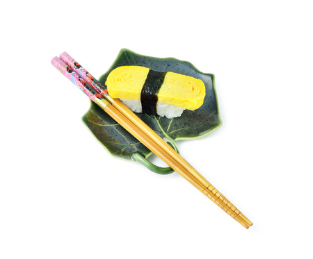 Tamako egg sushi Isolated on white backgroundの写真素材