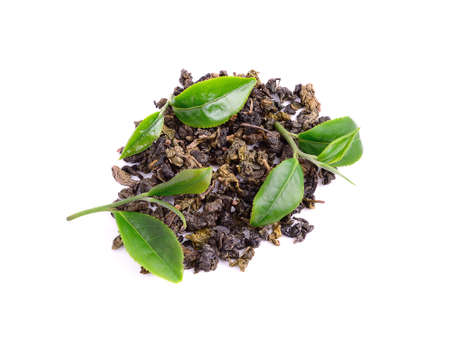 green tea leaf isolated on white backgroundの写真素材