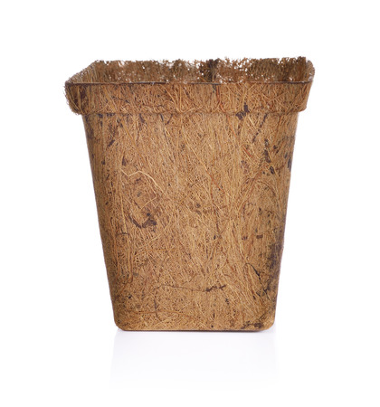 Biodegradable plant pot made from coconut husk on white backgroundの写真素材