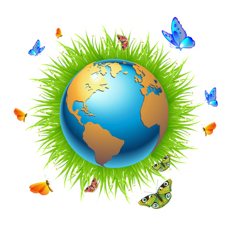 The world is surrounded by butterflies and grassのイラスト素材