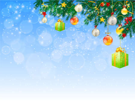 Horizontal banner with christmas tree garland and ornaments. Hanging golden glitter balls and ribbons. Great for flyers, posters, headers. Vector illustrationのイラスト素材