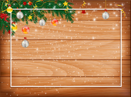 Horizontal banner with christmas tree garland and ornaments. Hanging golden glitter balls and ribbons. Great for flyers, posters, headers. Vector illustrationのイラスト素材