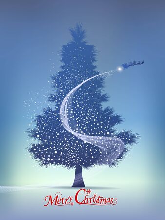 christmas tree with Santa and snow silhouette of landscape background banner design.のイラスト素材