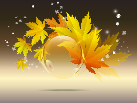 Hello autumn calligraphy with illustration of bunch of maple and golden leaves. Autumn sale poster with fall leaves on wooden backgrounds. Vector illustration for website and mobile website banners.のイラスト素材