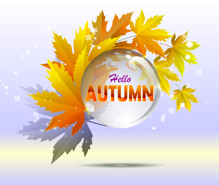 Hello autumn calligraphy with illustration of bunch of maple and golden leaves. Autumn sale poster with fall leaves on wooden backgrounds.のイラスト素材