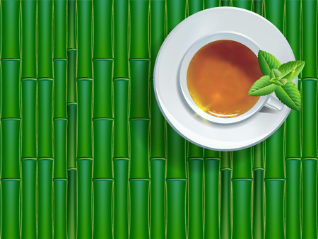Cup of black tea with leaves, top view on bamboo background.のイラスト素材