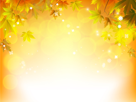 Fall background for orange season with collection of orange and yellow maple leaves falling, and with empty or blank space for text.のイラスト素材