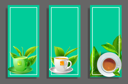 ceramic cup of tea with mint and lemon on green frame background.vector illustration.のイラスト素材