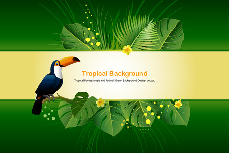 Exotic Toucan Bird, Colorful Hibiscus Flowers Blossom and Tropical Leaves, on green Background.のイラスト素材