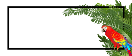 Bright tropical background with leaves bird plants. Exotic pattern with tropical grass. Vector illustration.のイラスト素材