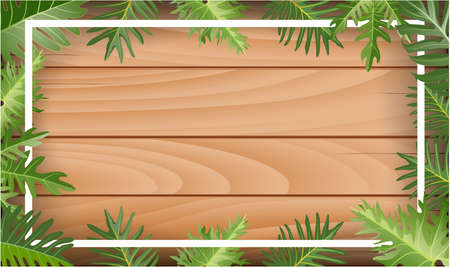 typographic illustration with tropical plants on textured wood background. Vector Design.のイラスト素材