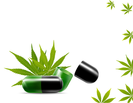 Medical capsules with cannabis leaf, 3d illustration alternative medicine, marijuana medical use health care concept.のイラスト素材