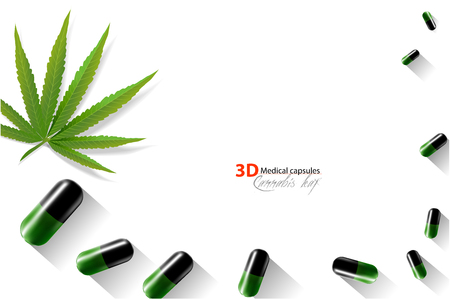 Medical capsules with cannabis leaf, 3d illustration alternative medicine, marijuana medical use health care concept.のイラスト素材