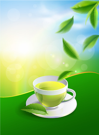 green tea leaves in motion on a white background. Element for design, advertising, packaging of tea products.のイラスト素材