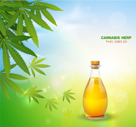Vector green cannabis oil. CBD Oil bottle. Marijuana leaf label. Graphic Illustrator. Hemp oil in a bottle.のイラスト素材
