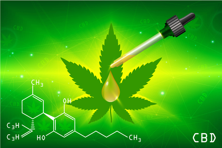Vector green cannabis oil. CBD Oil bottle. Marijuana leaf label. Graphic Illustrator. Hemp oil in a bottle.のイラスト素材