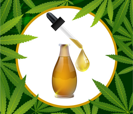 Vector green cannabis oil. CBD Oil bottle. Marijuana leaf label. Graphic Illustrator. Hemp oil in a bottle.のイラスト素材