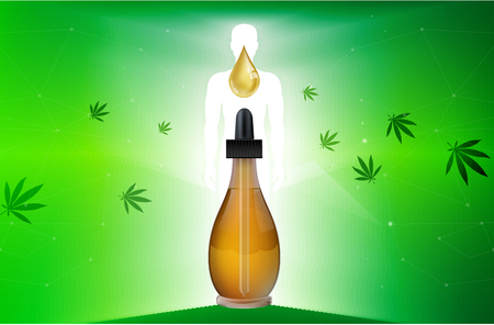 Vector green cannabis oil. CBD Oil bottle. Marijuana leaf label. Graphic Illustrator. Hemp oil in a bottle.のイラスト素材
