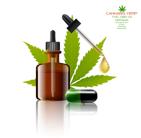 Marijuana and cannabis oil bottles vector. Green Marijuana Leaves, Cannabis leaf, pills and capsules.のイラスト素材