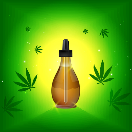 Marijuana and cannabis oil bottles vector. Green Marijuana Leaves, Cannabis leaf, pills and capsules.のイラスト素材