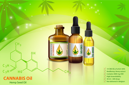 Marijuana and cannabis oil bottles vector. Green Marijuana Leaves, Cannabis leaf, pills and capsules.のイラスト素材