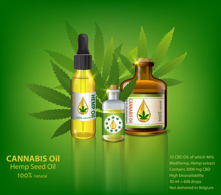 Marijuana and cannabis oil bottles vector. Green Marijuana Leaves, Cannabis leaf, pills and capsules.のイラスト素材