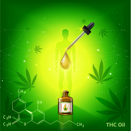 Marijuana and cannabis oil bottles vector. Green Marijuana Leaves, Cannabis leaf, pills and capsules.のイラスト素材