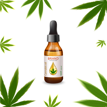 Marijuana and cannabis oil bottles vector. Green Marijuana Leaves, Cannabis leaf, pills and capsules.のイラスト素材