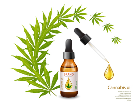 Marijuana and cannabis oil bottles vector. Green Marijuana Leaves, Cannabis leaf, pills and capsules.のイラスト素材