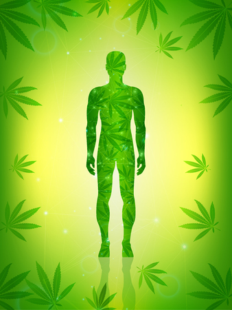 The man stands on the green floor of the cannabis leaf. Green Marijuana Leaves, Cannabis leaf, pills and capsules.のイラスト素材