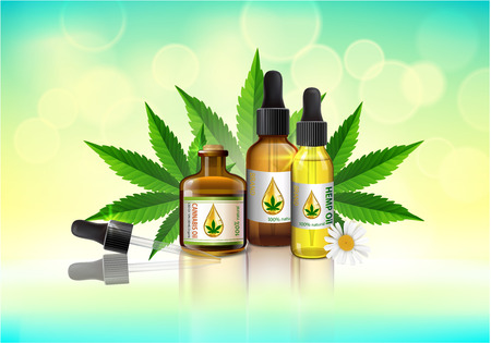 Marijuana concept and cannabis and legislation social issue as medical and recreational weed usage on blue background symbols in a 3D illustration style.のイラスト素材