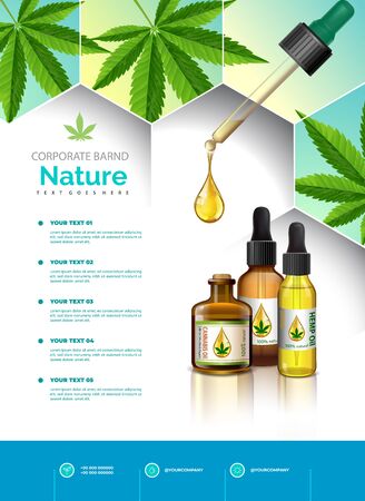 Cannabis or marijuana medical bottle oil poster, brochure, banner design. vector illustration.のイラスト素材