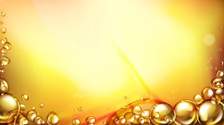 mixing water and oil, beautiful color abstract background, Floating bubbles in oil against a golden gradient backdrop - 3D illustration.のイラスト素材