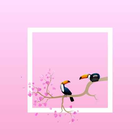 Hearts on abstract love background. Be my valentine.Love romantic messages with hearts.February 14.Valentines day card, wiht honbill birds of love. vector paper art illustration.のイラスト素材