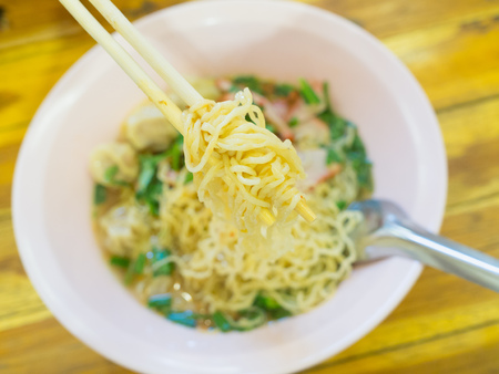 bbq pork with egg noodle (focus noodle)の写真素材