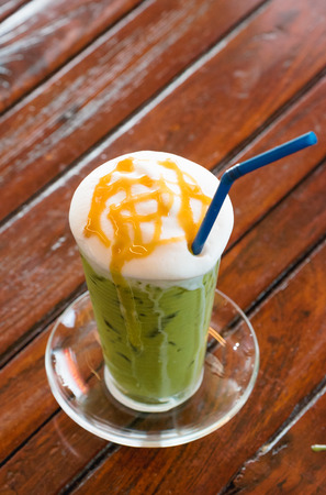green tea frappe with caramelの写真素材
