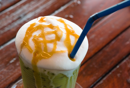 green tea frappe with caramelの写真素材