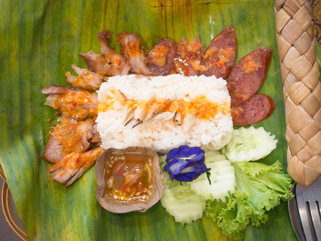 Crab and Barbecued red pork in sauce with rice (focus crab)の写真素材