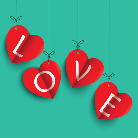 happy valentines day greeting card vector illustration. Valentine, congratulation. Heart-shaped  Love white text on red background. The heart shape is a folded paper.のイラスト素材