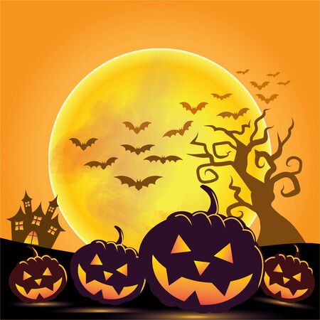 four glowing halloween pumpkins,On abstract background with castles, dry trees, swarms of bats and  big moon.のイラスト素材