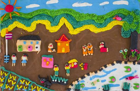 The art of molding students is molded with plasticine. In the form of low relief sculptureの写真素材