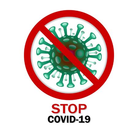 llustrations concept Stop coronavirus COVID-19. The green virus symbol inside the red circle frame and the cross symbol. stop germs  and prevention.のイラスト素材