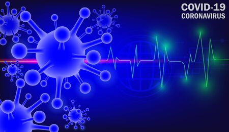 Coronavirus disease COVID-19, medical illustration. That has 3d virus symbol  and pulse lines  on   blue backgroundのイラスト素材
