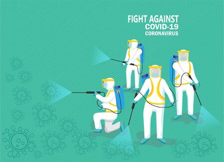 Illustration People in Protective Suit.   Spraying Spray to Cleaning and Disinfect Virus, Preventive Measures, Fight Against Covid-19, Health Care and Safety. Illustration on green background  のイラスト素材
