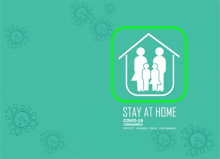 stay at home. Corona virus (covid 19) campaign. To Protect yourself from coronavirus. Care and Safety. Preventive Measures, Fight Against Covid-19, stay at home icon and 3d virus symbol on green background. With space for your textのイラスト素材