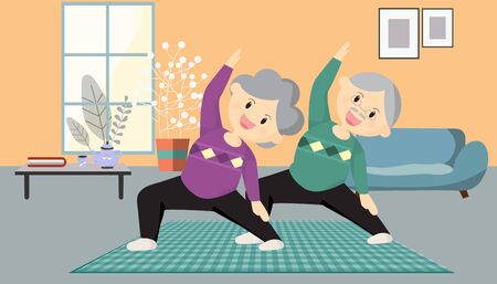 Old people, elderly citizens play yoga doing meditation with exercises in a quiet room at home. An awareness campaign for coronavirus prevention. Avoid to the Outside house., Fight Against Covid-19のイラスト素材