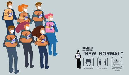 People who are wearing a mask. with to carry hand cleaning equipment. And maintain physical distance. to Prevent the outbreak covid19. That over the world to plan for prevention is New way of lifeのイラスト素材